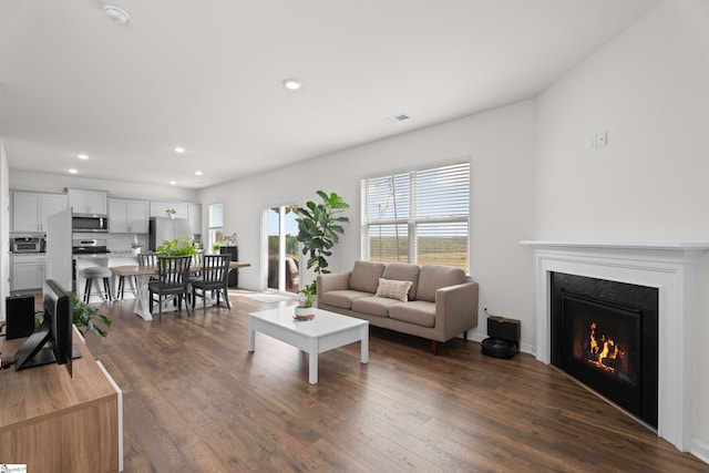 220 Emerald Creek Ave, Greer, SC 29651 - living room featuring dark wood-style floors, recessed lighting, and a lit fireplace