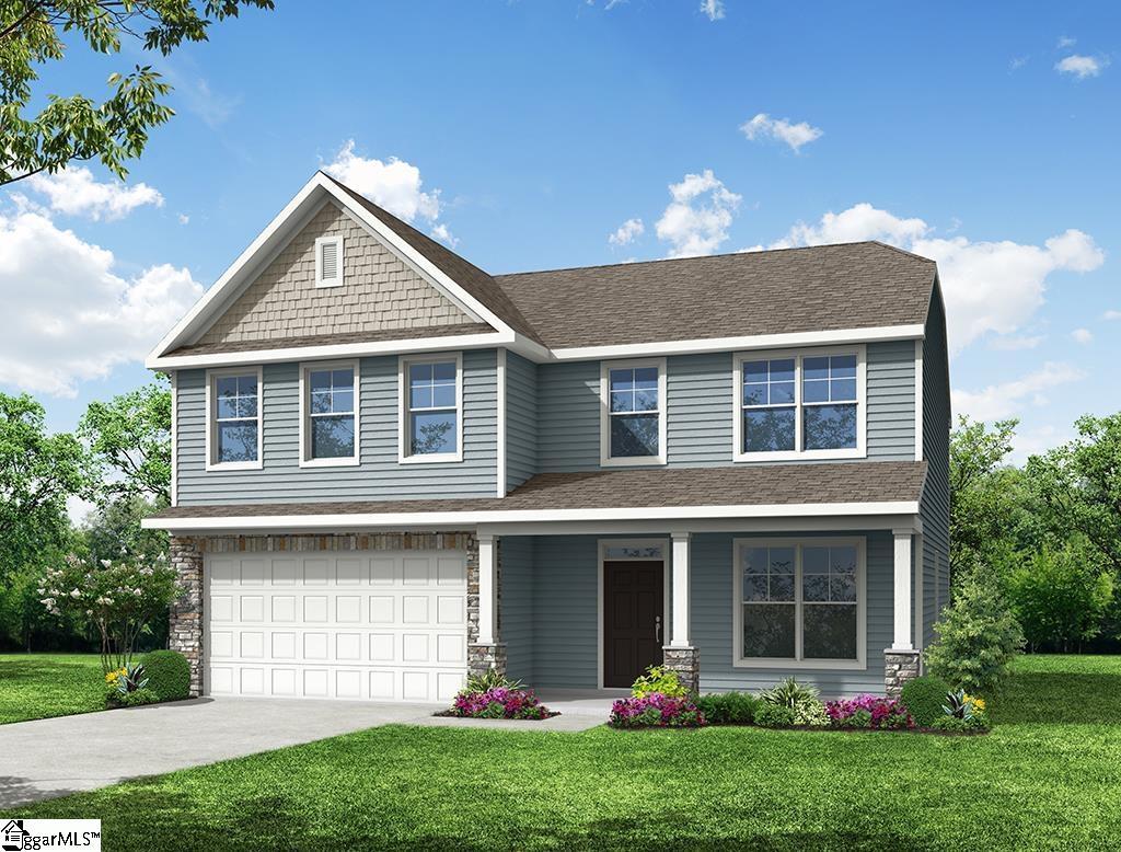 672 Columbus Cir, Simpsonville, SC 29680 - craftsman-style house with a garage, a front yard, a porch, driveway, and roof with shingles