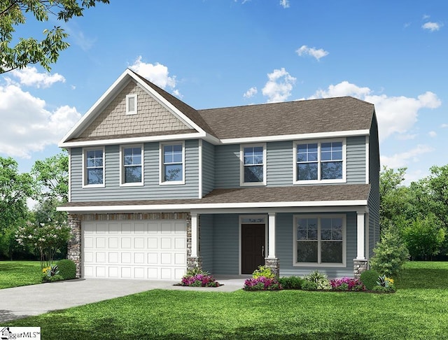 672 Columbus Cir, Simpsonville, SC 29680 - craftsman-style house with a garage, a front yard, a porch, driveway, and roof with shingles
