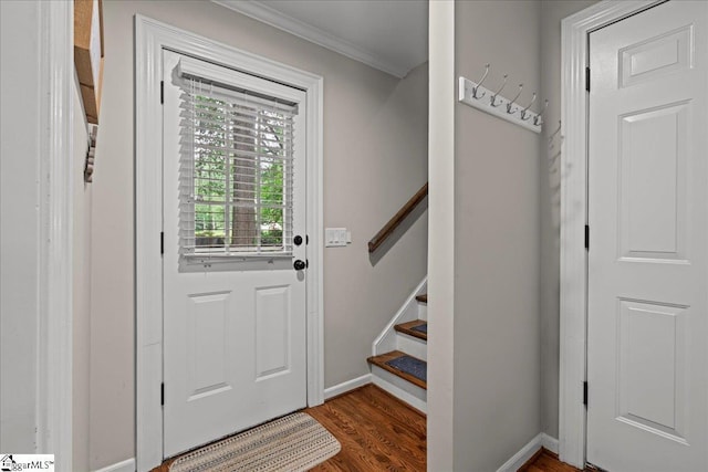 104 Shadowcreek Ct, Simpsonville, SC 29681 - doorway with crown molding, wood finished floors, and stairway