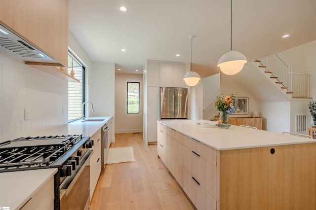 454 Enoree Rd, Travelers Rest, SC 29690 - kitchen featuring modern cabinets, appliances with stainless steel finishes, light wood-type flooring, ventilation hood, and light brown cabinetry