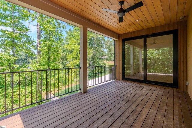 454 Enoree Rd, Travelers Rest, SC 29690 - wooden terrace with a ceiling fan and view of wooded area