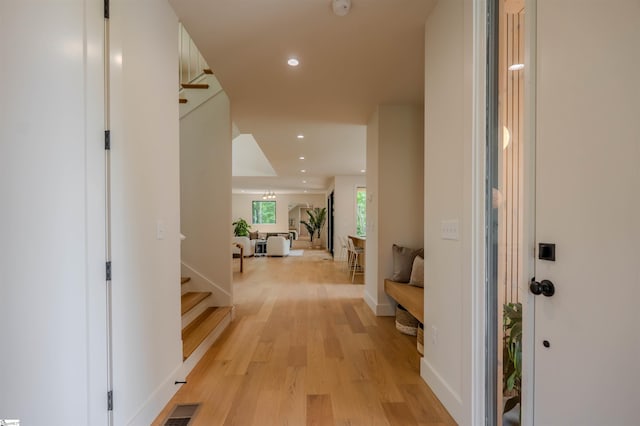 454 Enoree Rd, Travelers Rest, SC 29690 - entrance foyer with light wood-style flooring, stairs, and recessed lighting