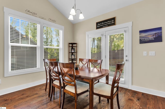 104 Mares Head Pl, Taylors, SC 29687 - dining room with lofted ceiling, dark wood-style flooring, and a chandelier