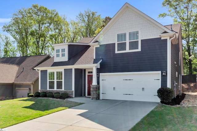 104 Mares Head Pl, Taylors, SC 29687 - craftsman-style house with driveway, a garage, a front lawn, stone siding, and a shingled roof