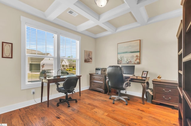 104 Mares Head Pl, Taylors, SC 29687 - office area featuring coffered ceiling, wood finished floors, and beamed ceiling