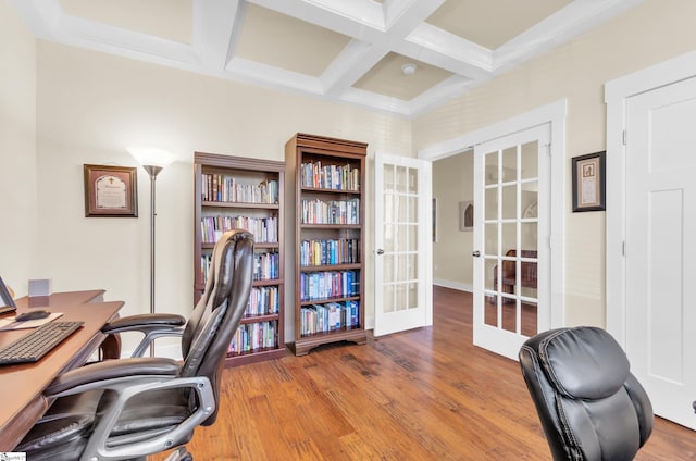 104 Mares Head Pl, Taylors, SC 29687 - office area featuring french doors, coffered ceiling, beam ceiling, and wood finished floors