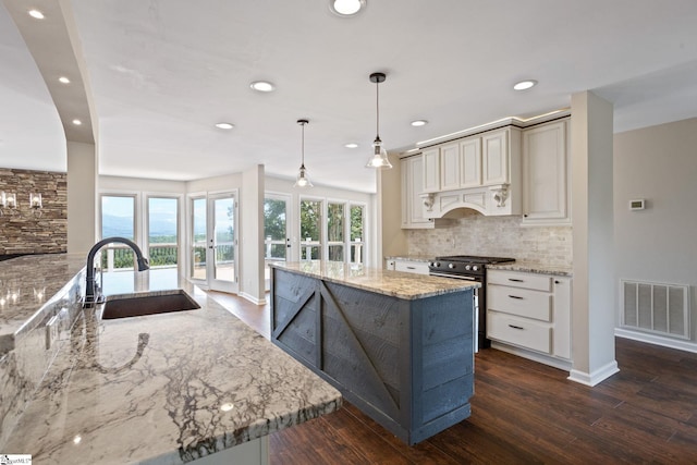 600 Packs Mountain Ridge Rd, Taylors, SC 29687 - kitchen with range with gas stovetop, dark wood-style flooring, decorative backsplash, recessed lighting, and light stone countertops