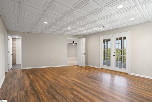 600 Packs Mountain Ridge Rd, Taylors, SC 29687 - empty room with french doors, a ceiling fan, wood finished floors, recessed lighting, and an ornate ceiling