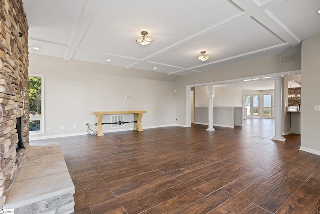 600 Packs Mountain Ridge Rd, Taylors, SC 29687 - unfurnished living room featuring decorative columns, wood finished floors, beamed ceiling, recessed lighting, and coffered ceiling