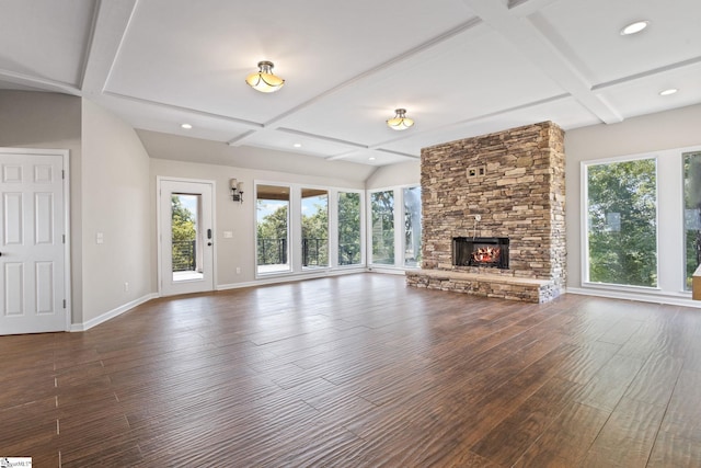 600 Packs Mountain Ridge Rd, Taylors, SC 29687 - unfurnished living room featuring healthy amount of natural light, wood finished floors, recessed lighting, a fireplace, and beamed ceiling
