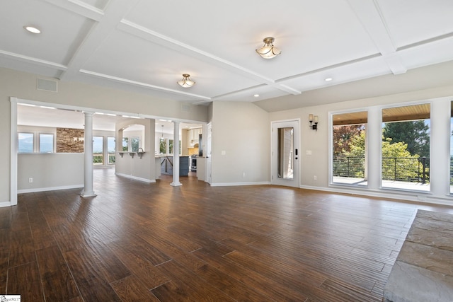 600 Packs Mountain Ridge Rd, Taylors, SC 29687 - unfurnished living room featuring ornate columns, coffered ceiling, wood finished floors, recessed lighting, and beamed ceiling