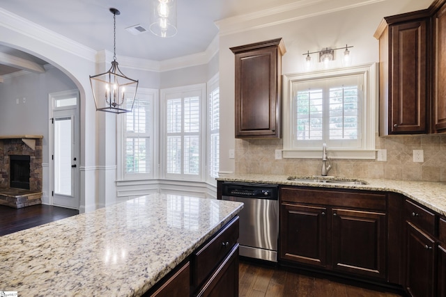 215 Wando Way, Greer, SC 29650 - kitchen featuring stainless steel dishwasher, arched walkways, light stone countertops, dark wood-style flooring, and dark brown cabinets