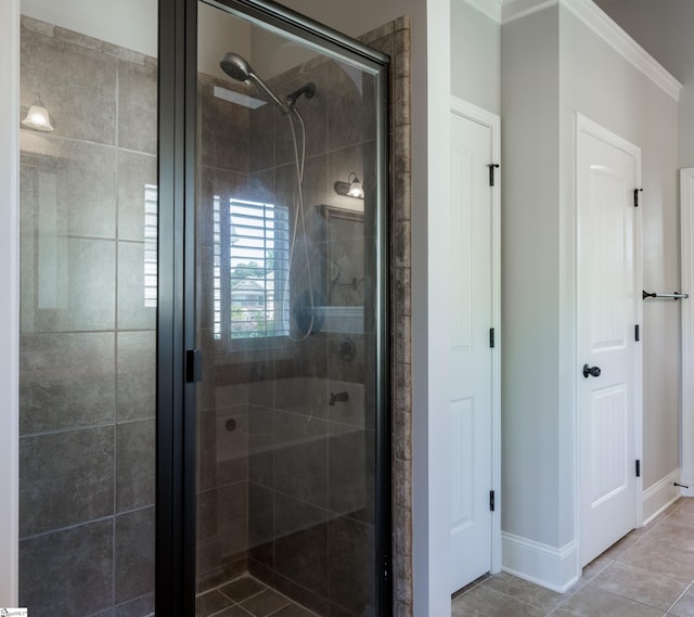 215 Wando Way, Greer, SC 29650 - full bath with ornamental molding, a stall shower, and tile patterned floors