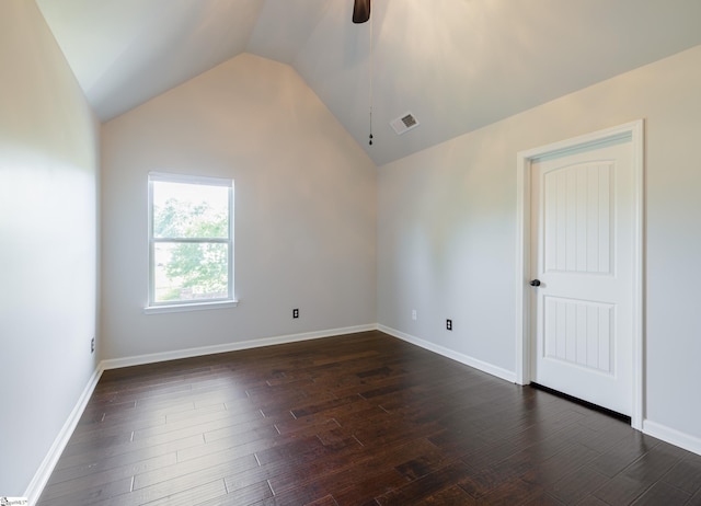 215 Wando Way, Greer, SC 29650 - empty room featuring vaulted ceiling, ceiling fan, and dark wood-style flooring