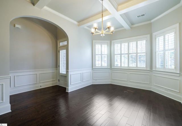 215 Wando Way, Greer, SC 29650 - spare room with beamed ceiling, arched walkways, a chandelier, a decorative wall, and wainscoting