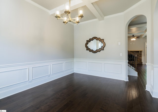 215 Wando Way, Greer, SC 29650 - empty room with beamed ceiling, coffered ceiling, a wainscoted wall, a chandelier, and dark wood-style floors