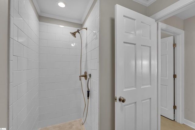 111 Brandon Way, Simpsonville, SC 29681 - bathroom featuring ornamental molding, a tile shower, and recessed lighting