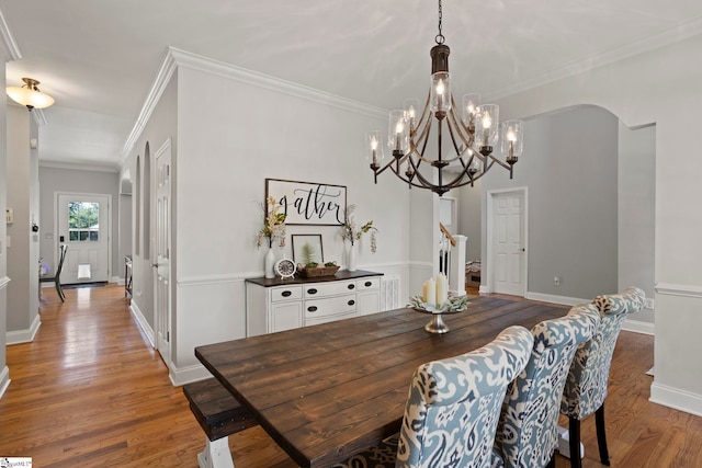 6 Mandarin Cir, Taylors, SC 29687 - dining area with wood finished floors, stairs, crown molding, and a chandelier