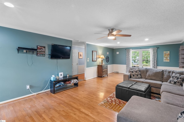 217 Devenger Rd, Greer, SC 29650 - living room featuring ornamental molding, ceiling fan, light wood finished floors, a textured ceiling, and recessed lighting