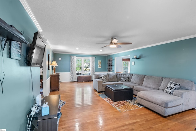 217 Devenger Rd, Greer, SC 29650 - living area featuring ornamental molding, ceiling fan, light wood-style flooring, and a textured ceiling