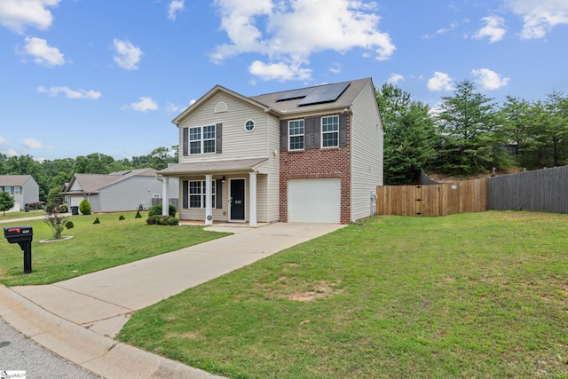 626 Duncan Station Dr, Duncan, SC 29334 - traditional home with concrete driveway, solar panels, covered porch, brick siding, and an attached garage