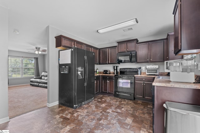 626 Duncan Station Dr, Duncan, SC 29334 - kitchen featuring black appliances, dark brown cabinets, a ceiling fan, light countertops, and open floor plan