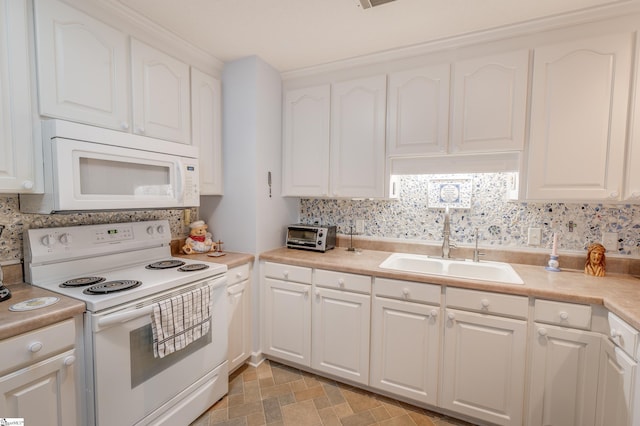 110 Baldwin Pl, Easley, SC 29642 - kitchen featuring white appliances, white cabinets, light countertops, and tasteful backsplash