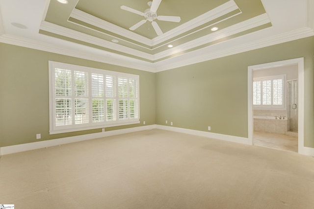 3 Henson Pl, Greer, SC 29650 - unfurnished room with ornamental molding, light colored carpet, a raised ceiling, and ceiling fan