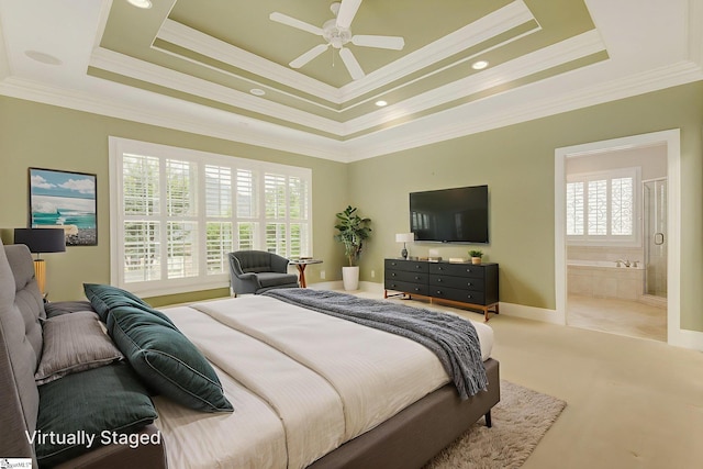 3 Henson Pl, Greer, SC 29650 - bedroom featuring crown molding, a raised ceiling, connected bathroom, ceiling fan, and carpet floors