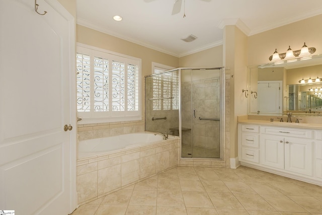 3 Henson Pl, Greer, SC 29650 - full bathroom with a garden tub, vanity, a stall shower, tile patterned floors, and crown molding