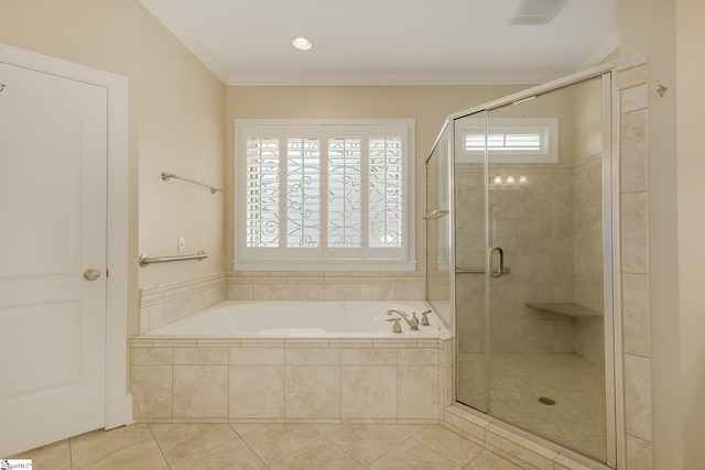 3 Henson Pl, Greer, SC 29650 - full bath featuring a bath, a stall shower, tile patterned flooring, and ornamental molding