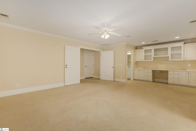 3 Henson Pl, Greer, SC 29650 - unfurnished living room featuring ornamental molding, a ceiling fan, light colored carpet, recessed lighting, and built in study area