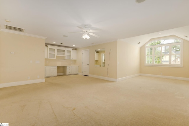 3 Henson Pl, Greer, SC 29650 - unfurnished living room with light colored carpet, ceiling fan, built in study area, recessed lighting, and vaulted ceiling