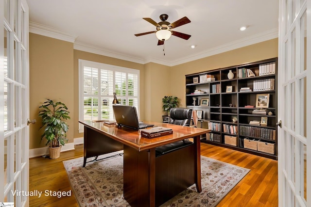 3 Henson Pl, Greer, SC 29650 - office area featuring a ceiling fan, wood finished floors, ornamental molding, french doors, and recessed lighting