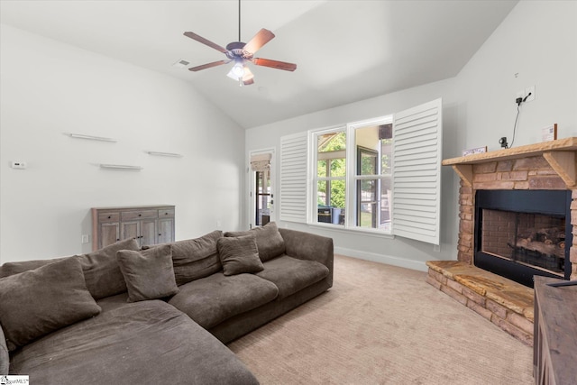 505 E Czardas Way, Woodruff, SC 29375 - carpeted living area featuring lofted ceiling, ceiling fan, and a stone fireplace