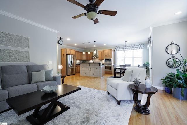 101 Stonewash Way, Greer, SC 29650 - living room featuring crown molding, ceiling fan, light wood-style floors, and recessed lighting