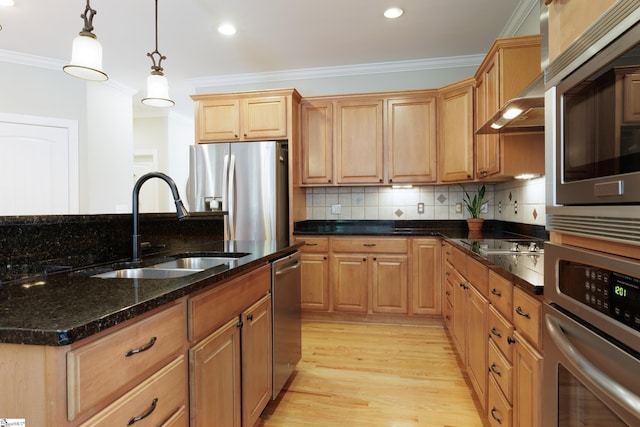 101 Stonewash Way, Greer, SC 29650 - kitchen with appliances with stainless steel finishes, ornamental molding, light wood-style floors, hanging light fixtures, and decorative backsplash