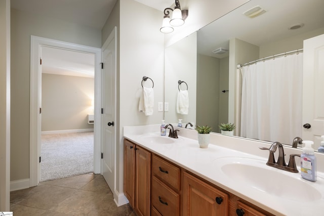 101 Stonewash Way, Greer, SC 29650 - bathroom featuring double vanity, tile patterned flooring, and curtained shower