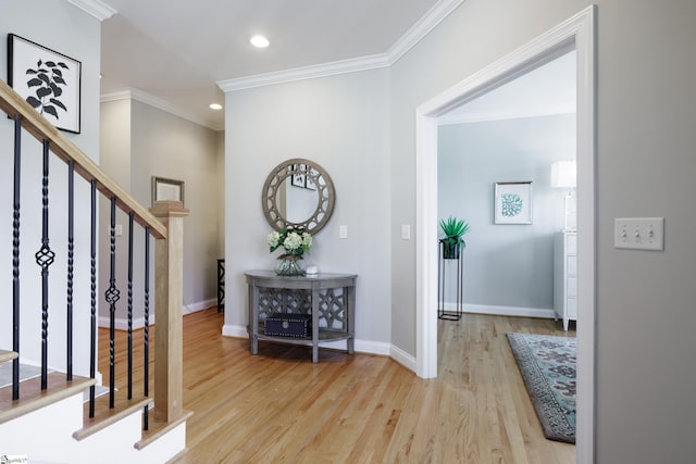 101 Stonewash Way, Greer, SC 29650 - foyer entrance with crown molding, stairway, wood finished floors, and recessed lighting