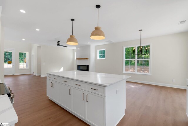 293 Pine Hills Rd, Woodruff, SC 29388 - kitchen with open floor plan, light wood-style floors, plenty of natural light, a fireplace, and recessed lighting