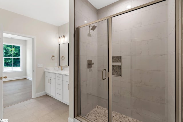 293 Pine Hills Rd, Woodruff, SC 29388 - full bath featuring vanity, a stall shower, and tile patterned flooring