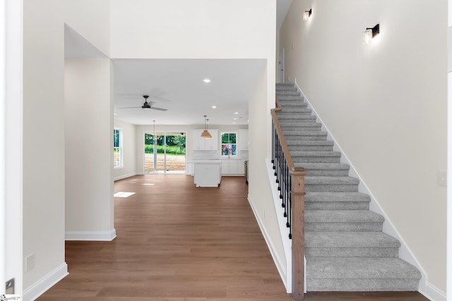 293 Pine Hills Rd, Woodruff, SC 29388 - stairway with ceiling fan, wood finished floors, and recessed lighting