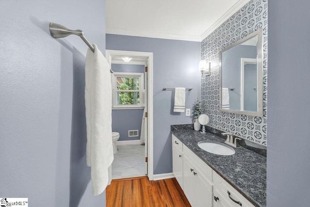 111 Bonwood Ave, Simpsonville, SC 29681 - bathroom with crown molding, vanity, and wood finished floors