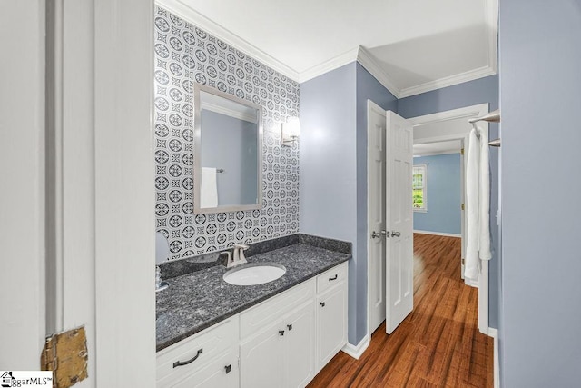 111 Bonwood Ave, Simpsonville, SC 29681 - bathroom featuring vanity, wood finished floors, and crown molding