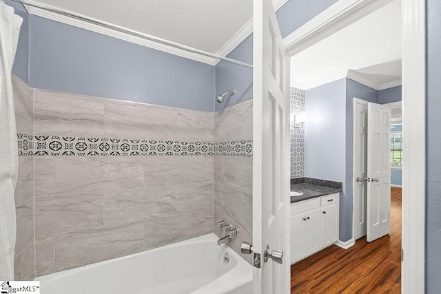 111 Bonwood Ave, Simpsonville, SC 29681 - bathroom featuring ornamental molding,  shower combination, wood finished floors, and vanity