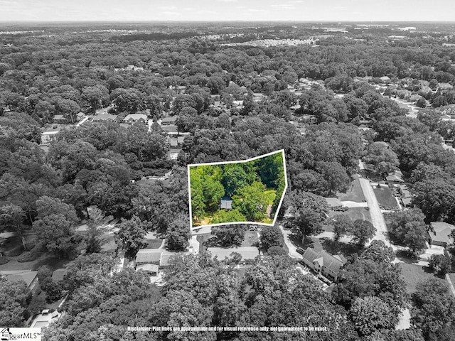 111 Bonwood Ave, Simpsonville, SC 29681 - aerial view of property and surrounding area with a heavily wooded area and property parcel outlined