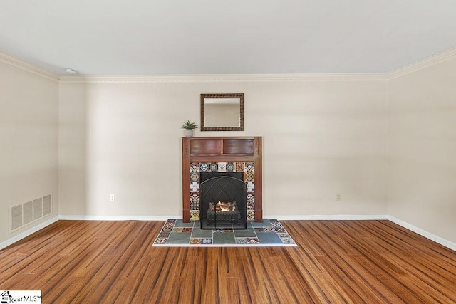 111 Bonwood Ave, Simpsonville, SC 29681 - unfurnished living room featuring wood finished floors, ornamental molding, and a fireplace