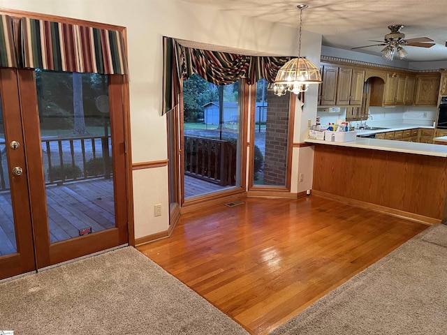 504 N Adair St, Clinton, SC 29325 - unfurnished dining area with a chandelier, light wood finished floors, and a ceiling fan
