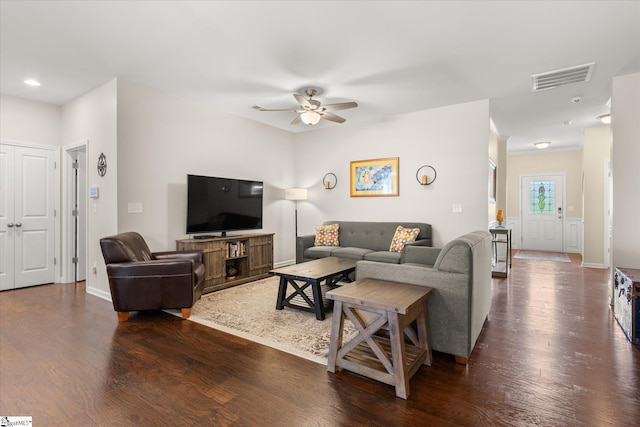 710 Westwood Rd, Lyman, SC 29365 - living area featuring a ceiling fan, dark wood-style floors, and recessed lighting